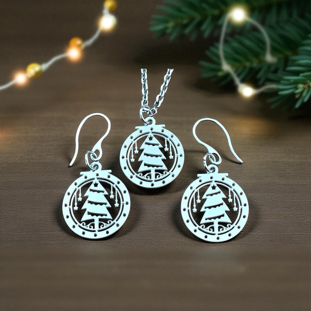 Christmas Tree Laser Etched Necklace And Earrings Set